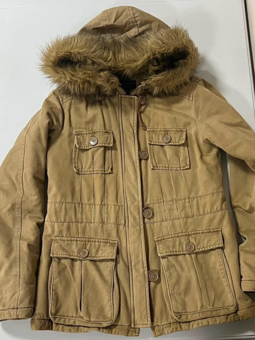 American Eagle Tan Brown Beige Fur Cargo Winter Jacket Coat Outerwear Size S ✨